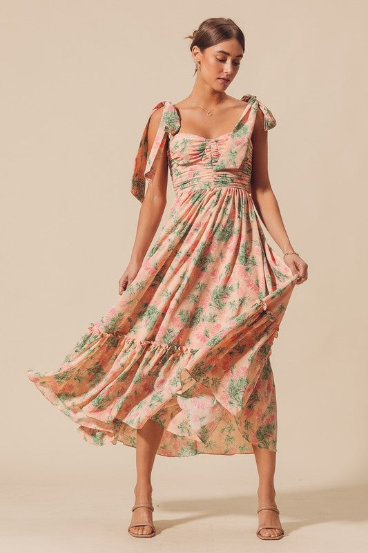 Floral Print Woven Dress with Ribbon Tie Straps