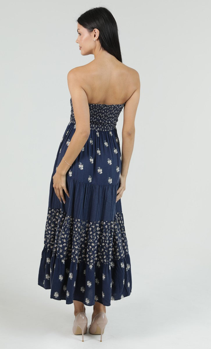 Navy Strapless Tiered Maxi