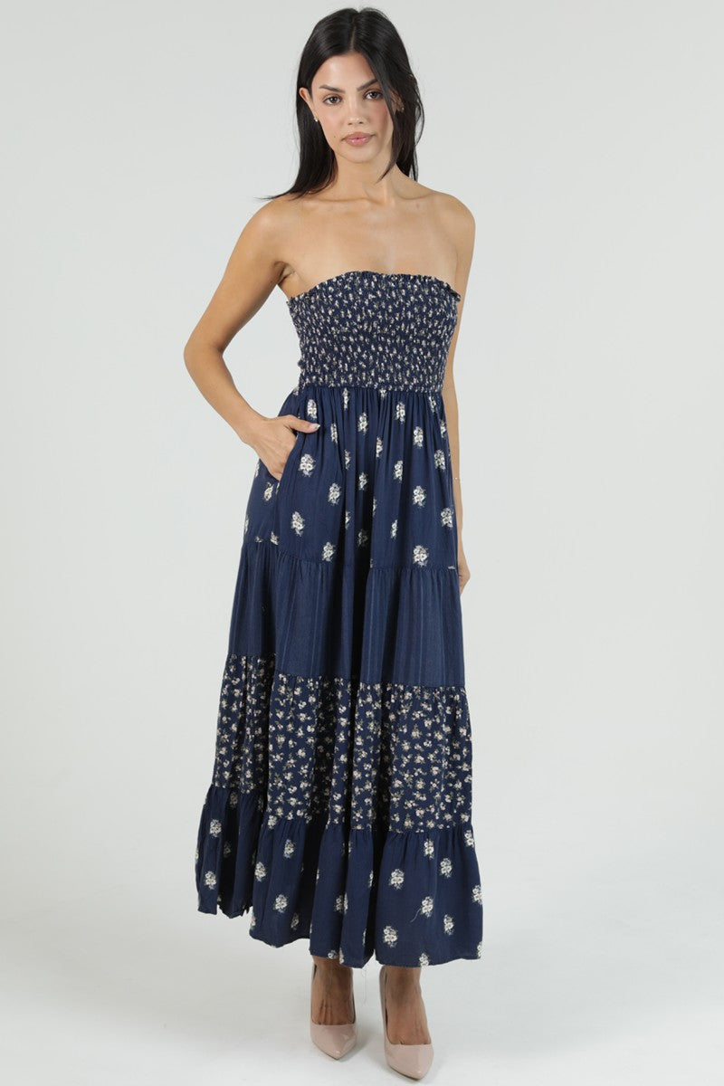 Navy Strapless Tiered Maxi