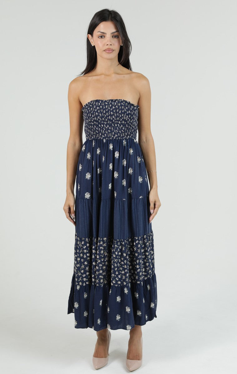 Navy Strapless Tiered Maxi
