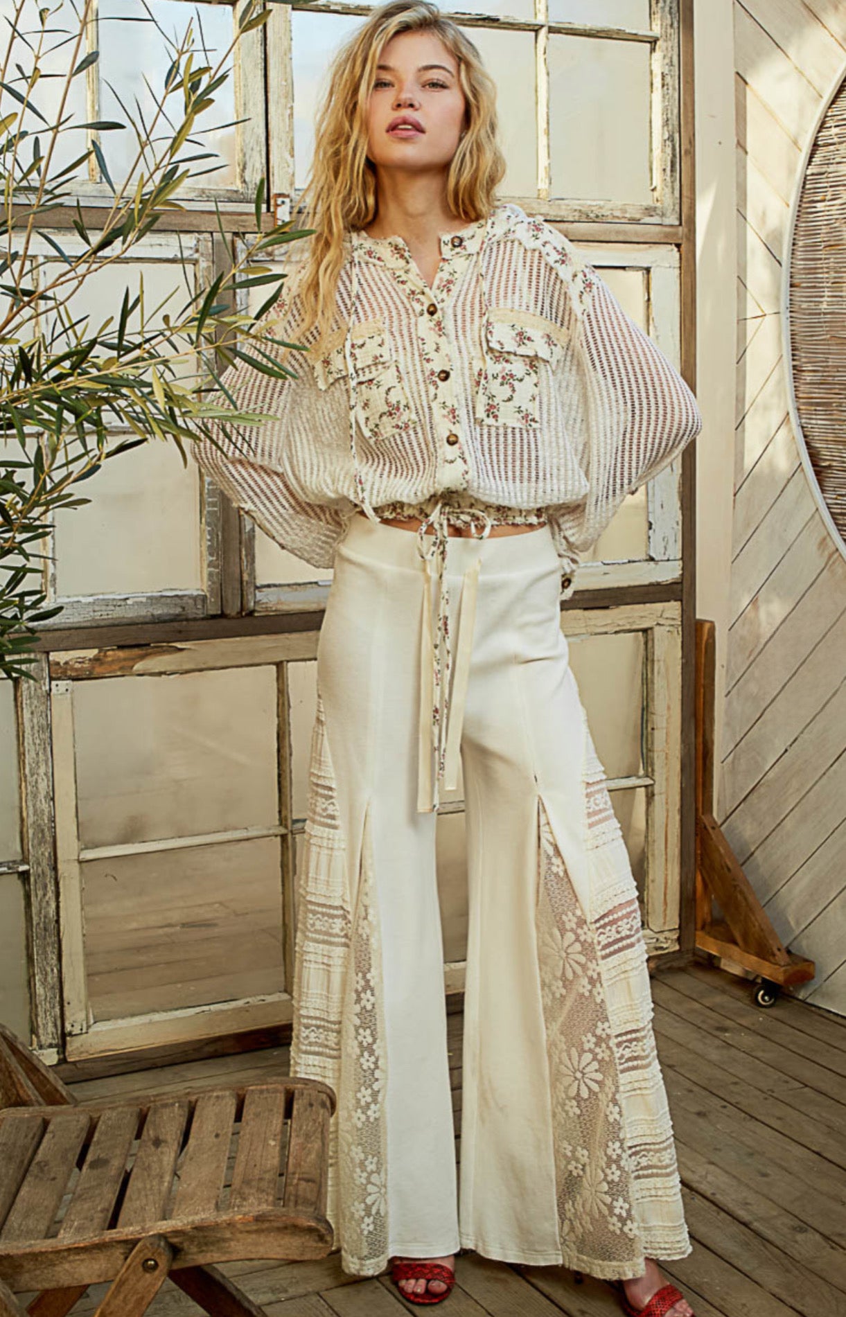 Crochet Floral Trim Button Down with hood