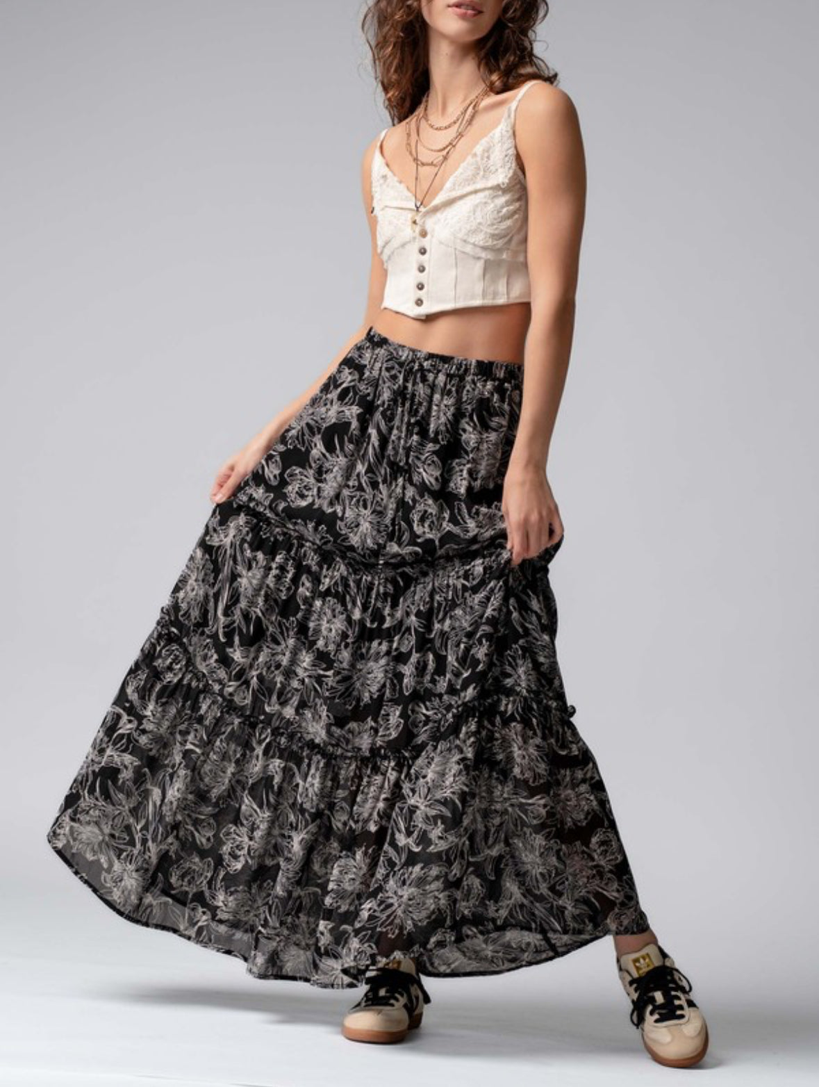 Floral Elastic Waist Tiered Maxi Skirt
