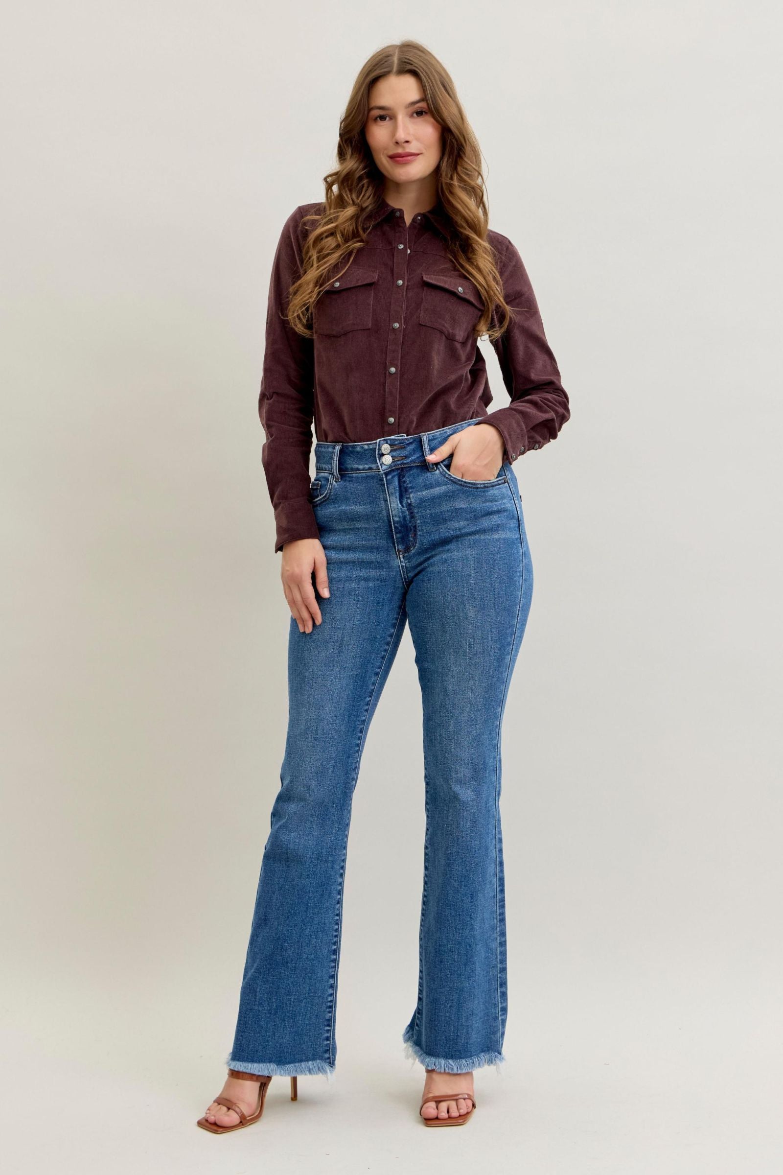 Judy Blue High Waist Bootcut Double Button Jean with Frayed Hem