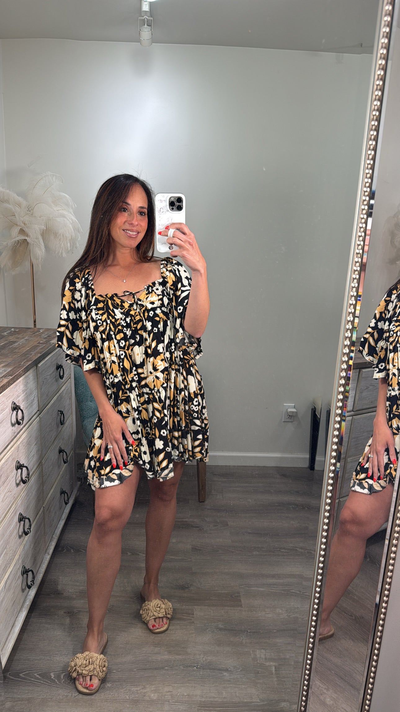 Black Floral Square Neck Dress