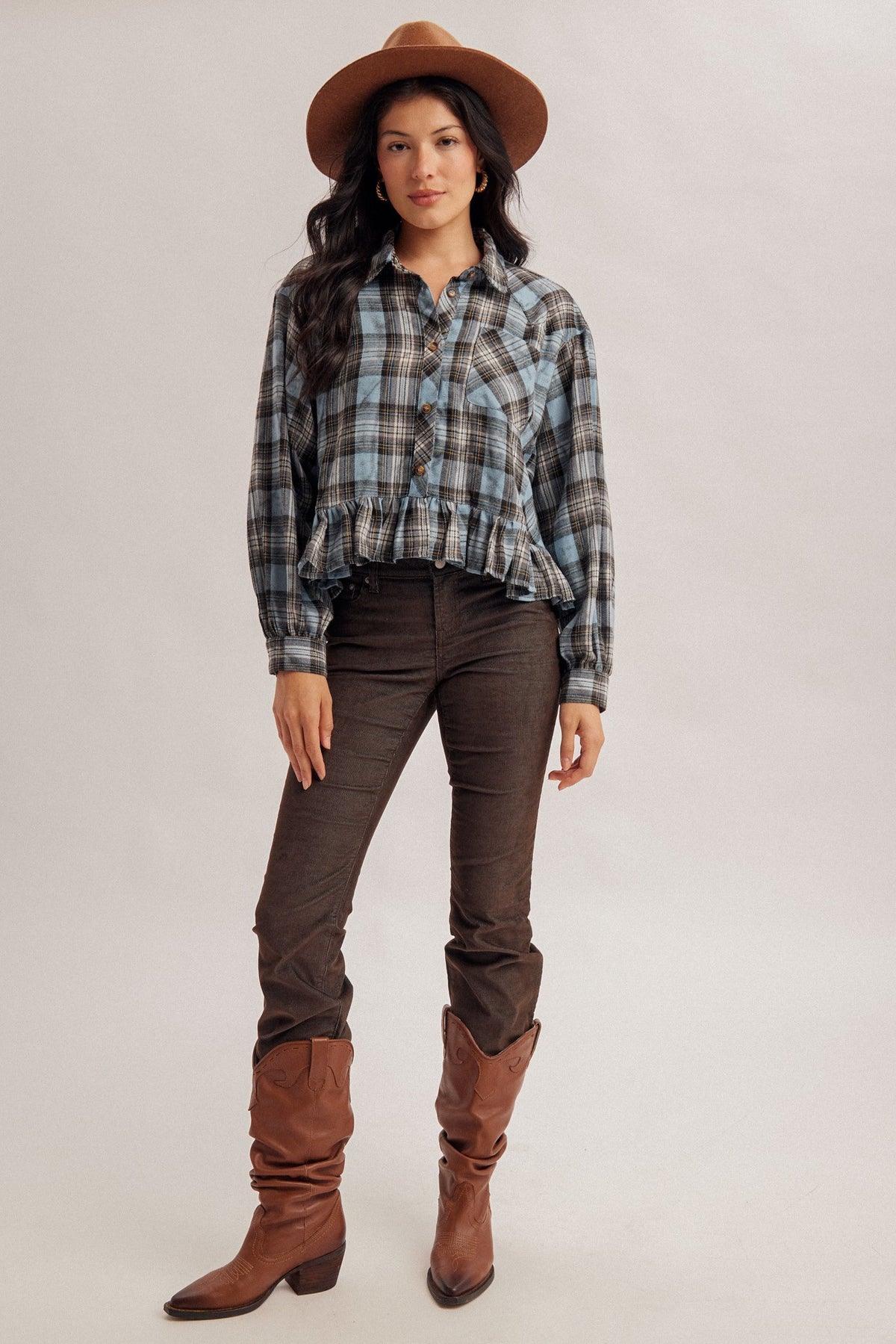 Blue Frill Bottom Button Down Top