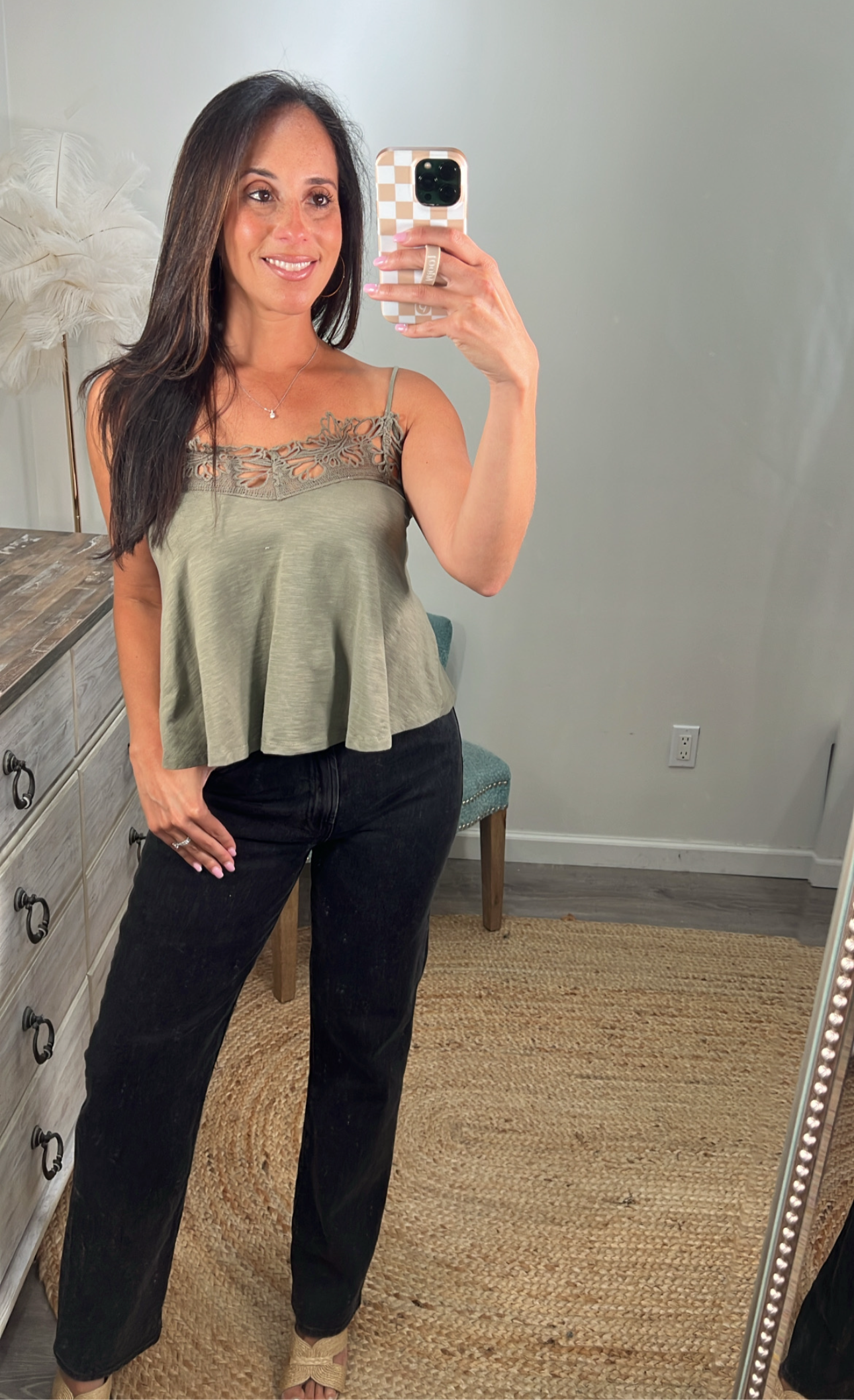 Olive Slub Jersey Knit Tank w/ Lace Trim