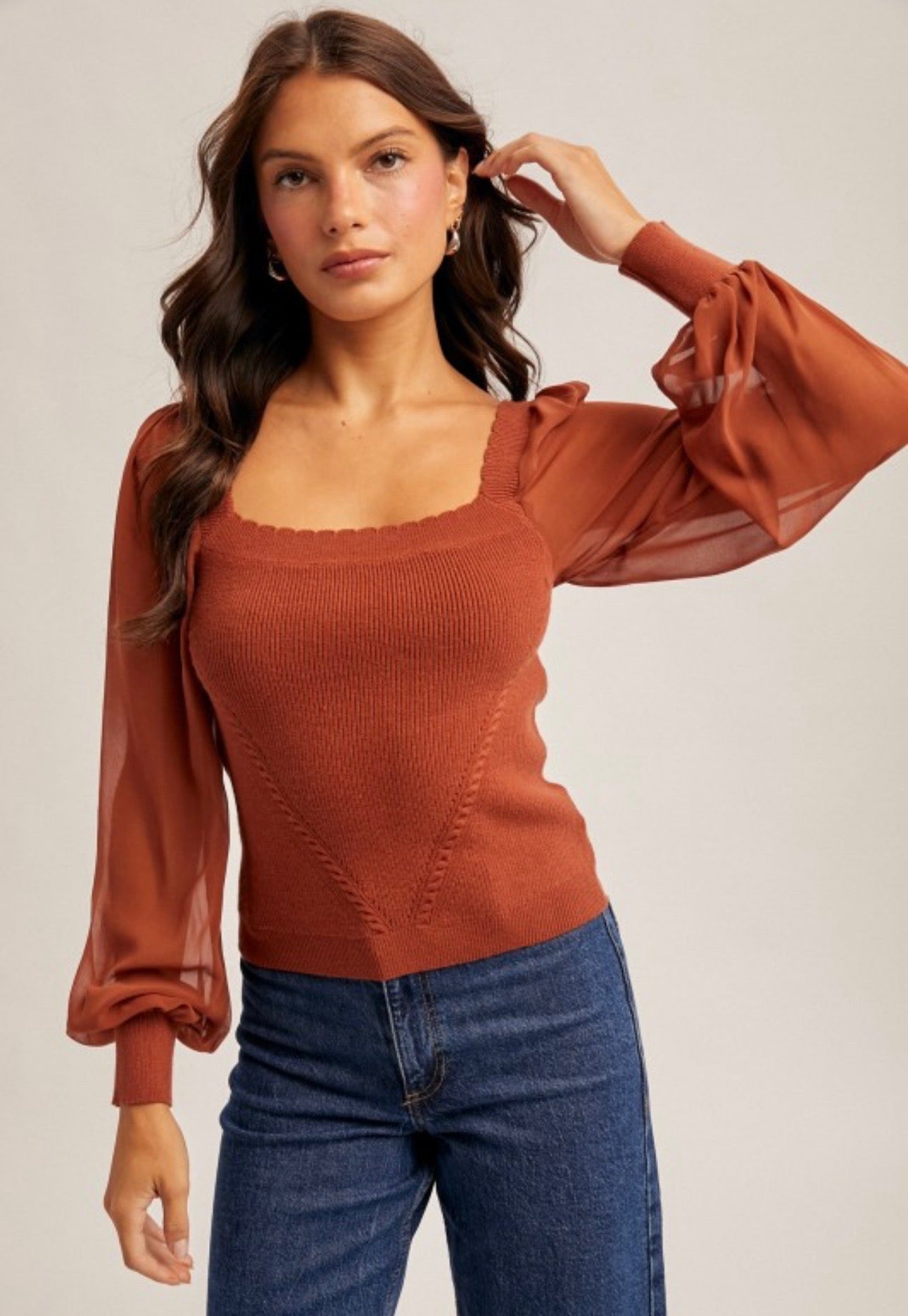 Scallop Neck Chiffon Sleeve Sweater