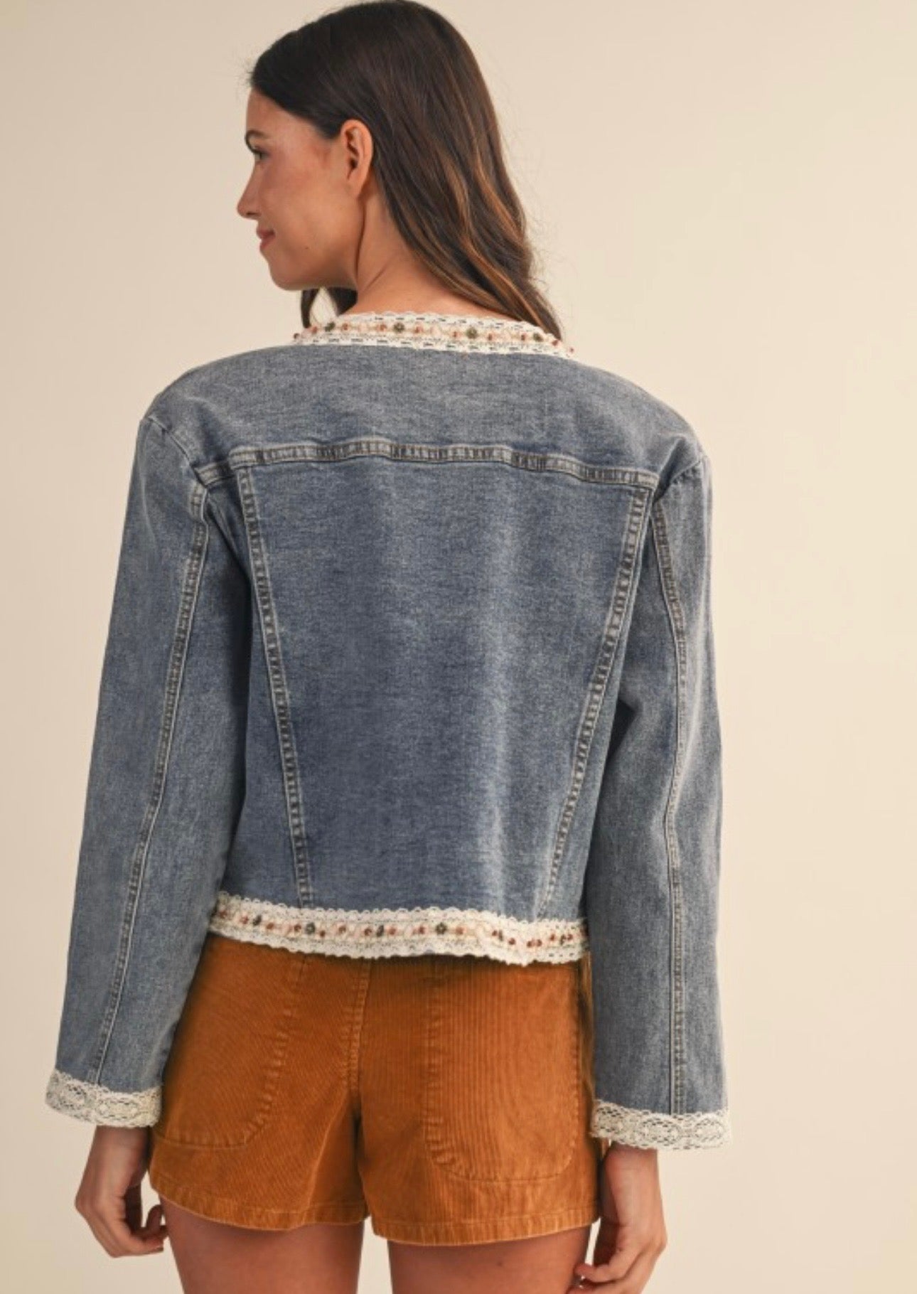 Lace & Beaded Trim Detail Open Denim Jacket
