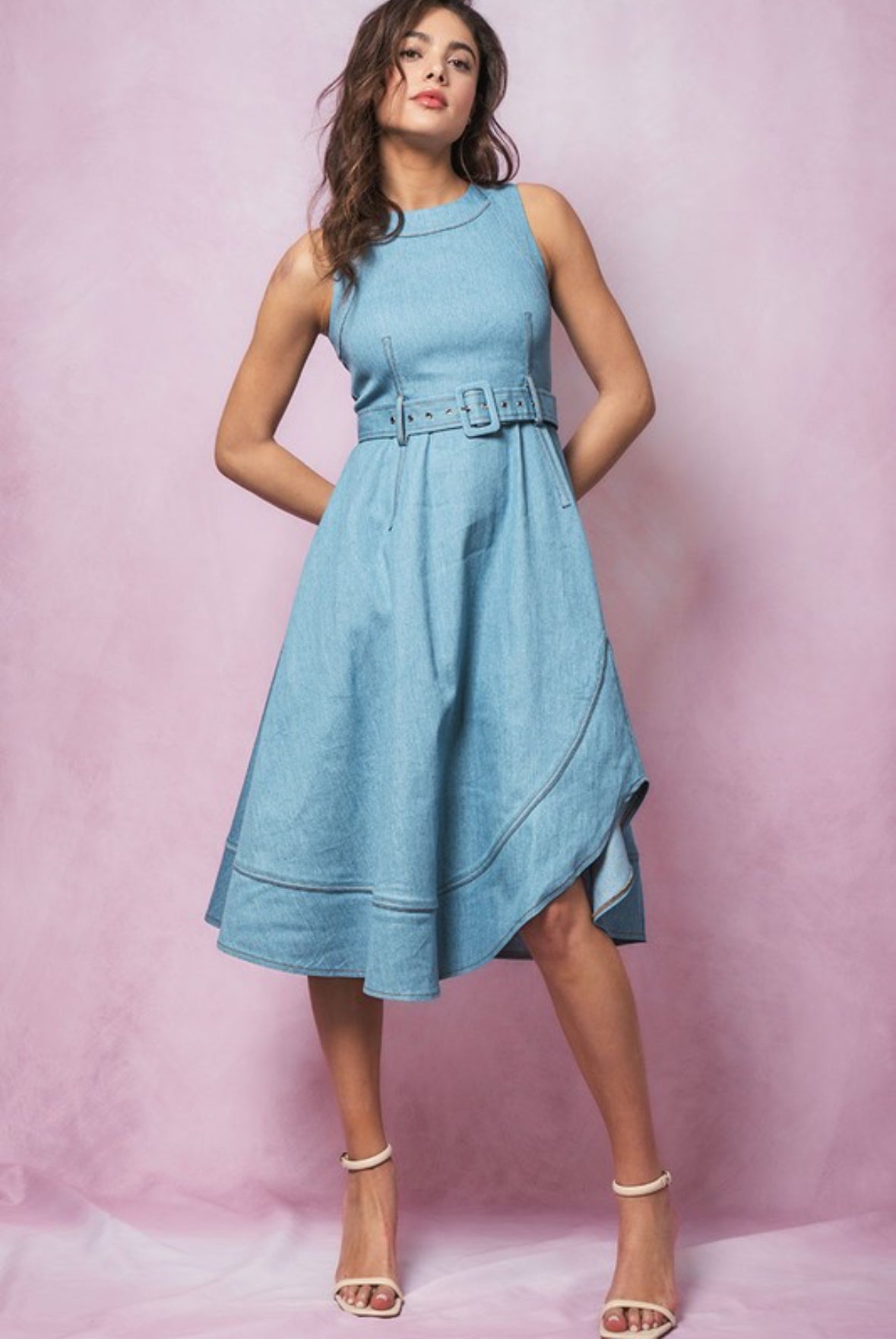 Denim Belted Midi Dress