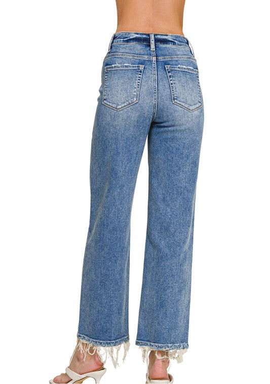 Straight Raw Hem Jean- Medium Wash