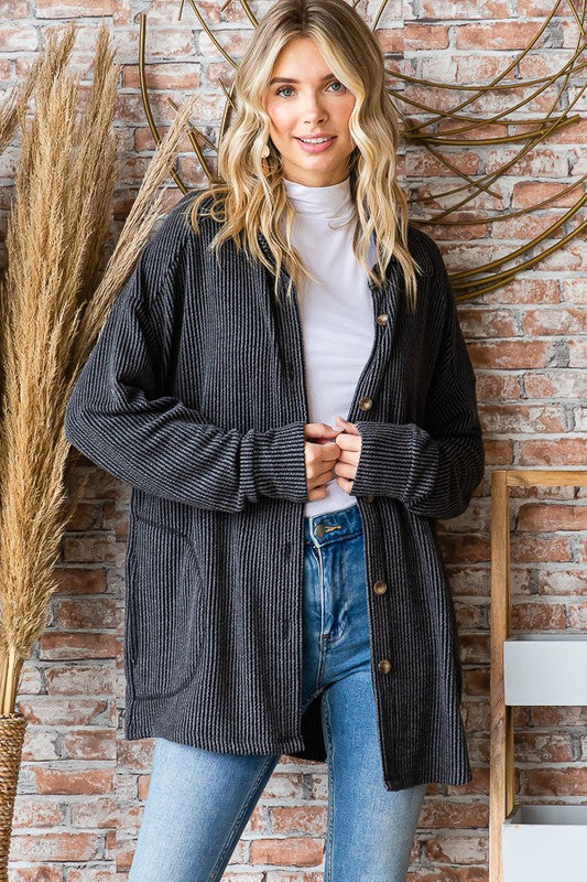 Rib Knit Shacket - Washed Black