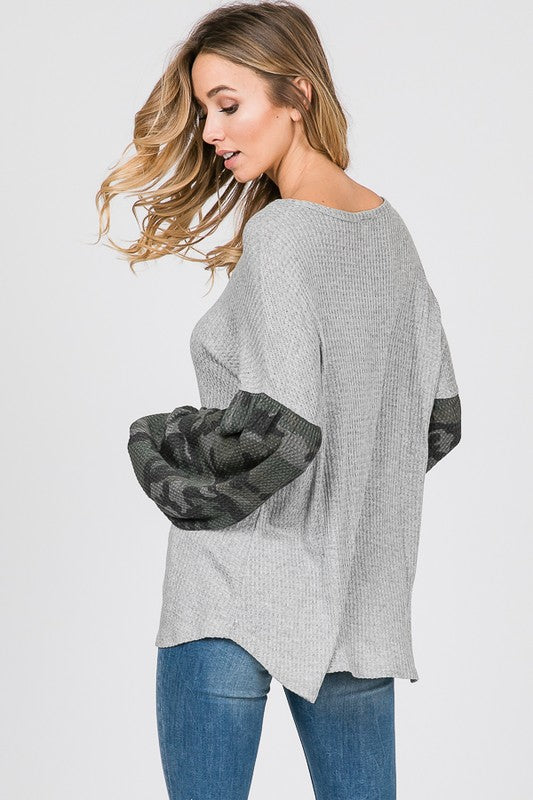 Camo Balloon Sleeve Waffle Knit Top