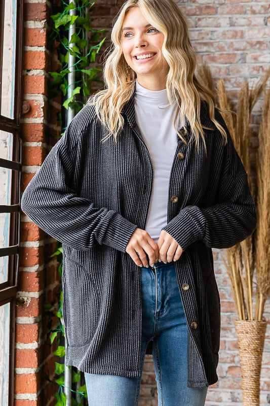 Rib Knit Shacket - Washed Black