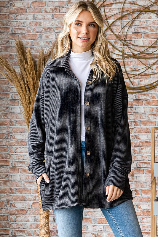 Rib Knit Shacket - Washed Black