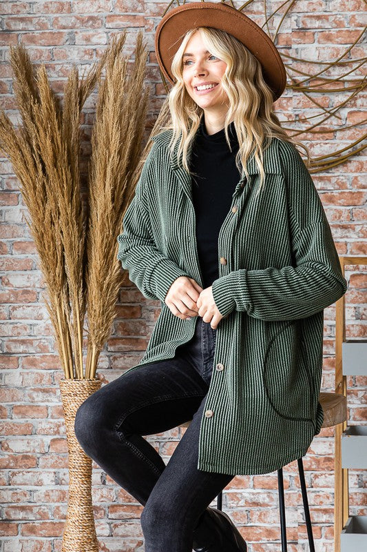 Rib Knit Shacket - Olive