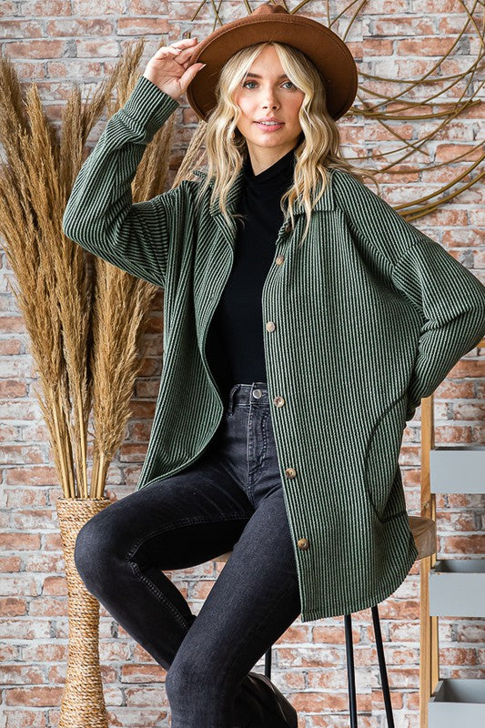 Rib Knit Shacket - Olive