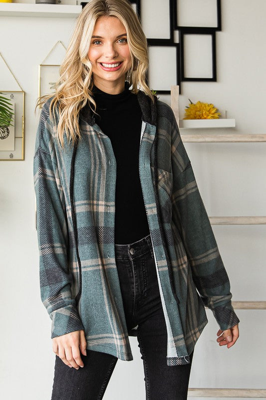 Soft Plaid Button Down Hooded Shacket