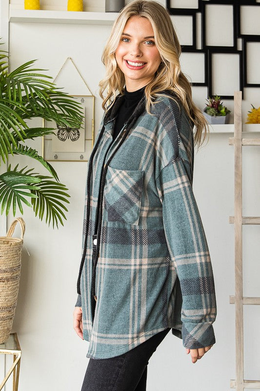 Soft Plaid Button Down Hooded Shacket