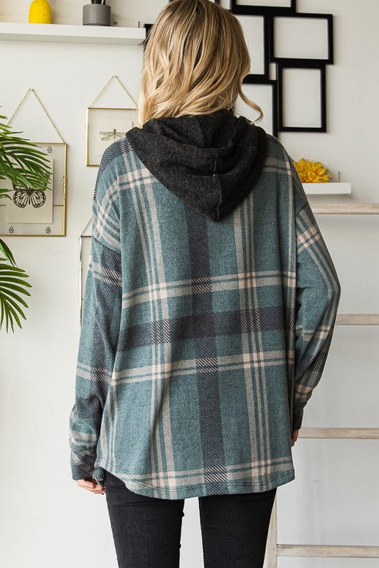 Soft Plaid Button Down Hooded Shacket