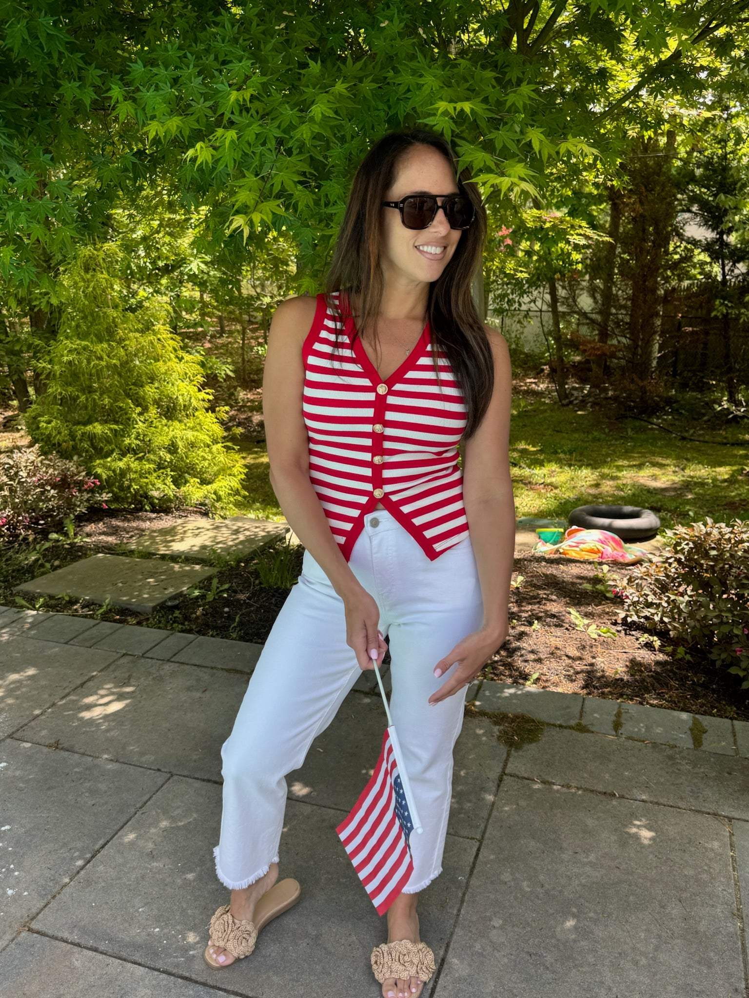 Red Stripe Button Front Tank