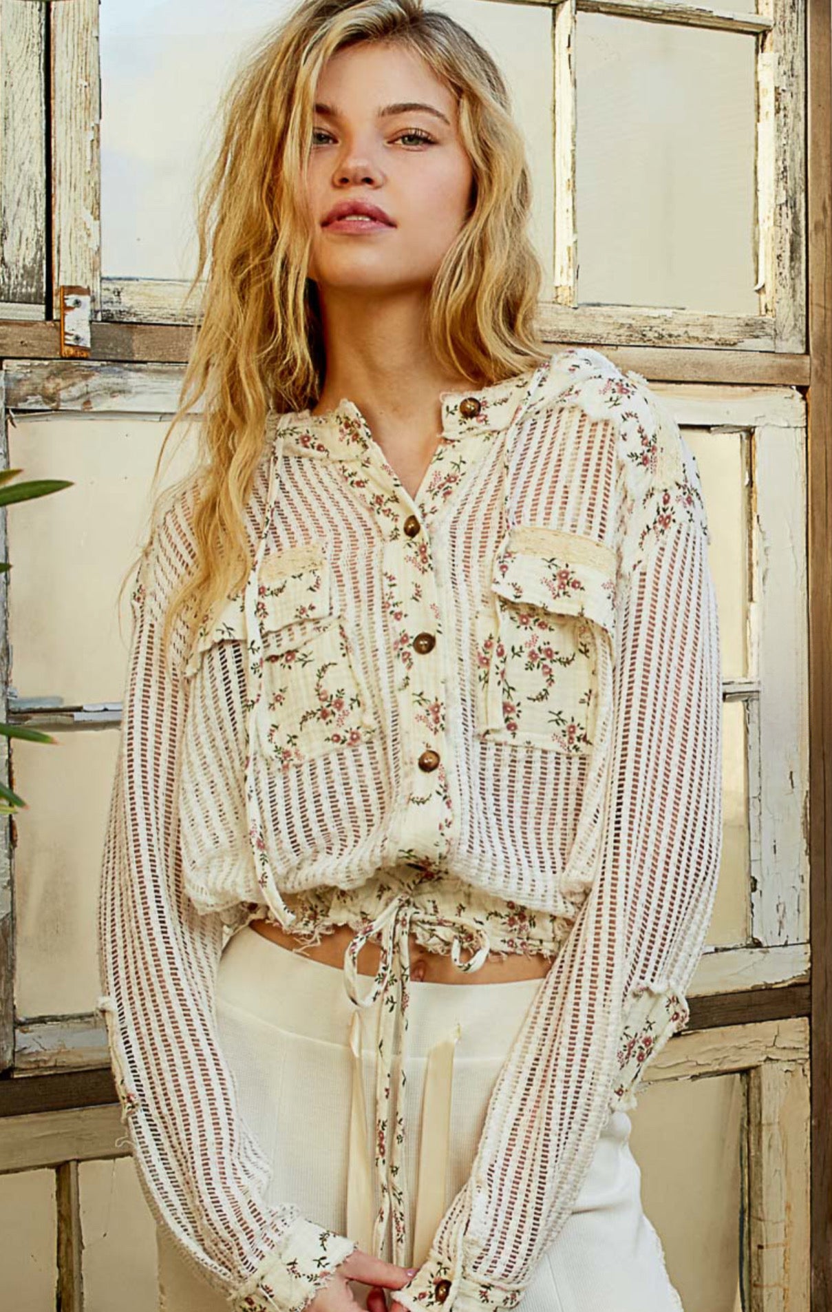 Crochet Floral Trim Button Down with hood