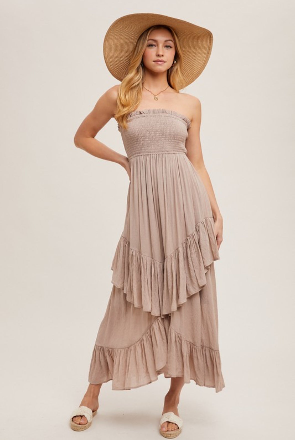 Boho Smocked Strapless Tiered Midi Dress