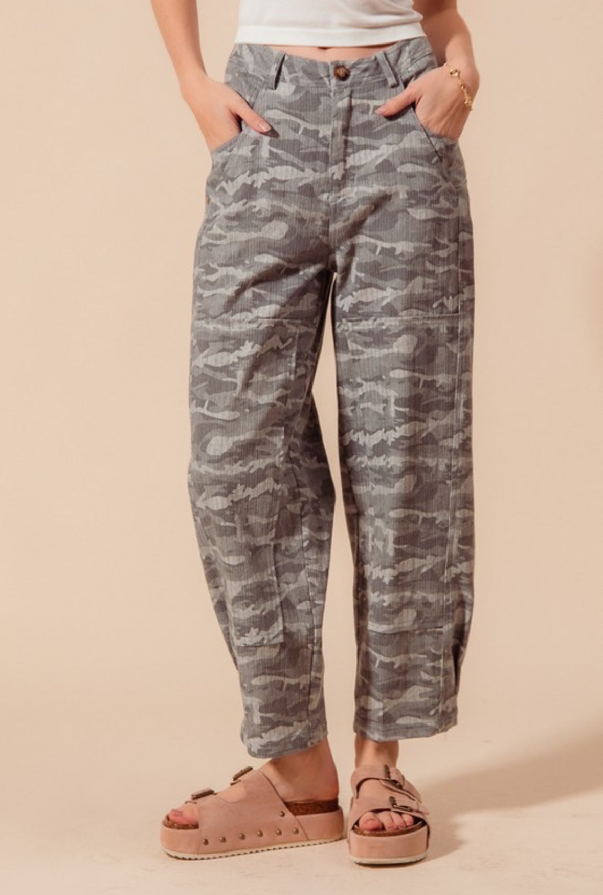 Camo Denim Barrel Pants