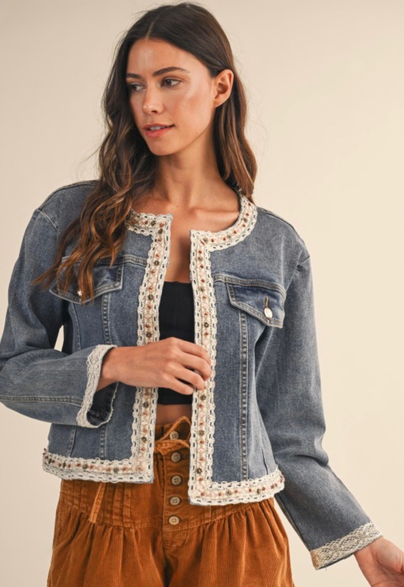 Lace & Beaded Trim Detail Open Denim Jacket