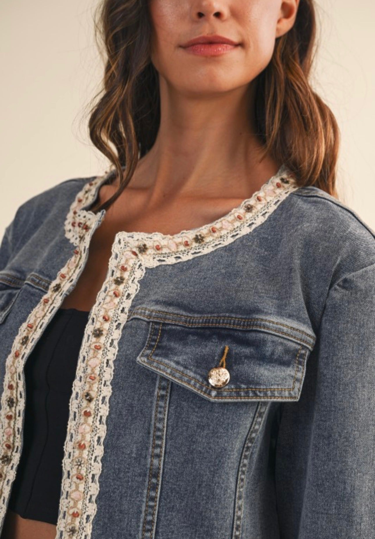 Lace & Beaded Trim Detail Open Denim Jacket