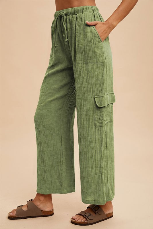 Cotton Gauze Cargo Wide Pants