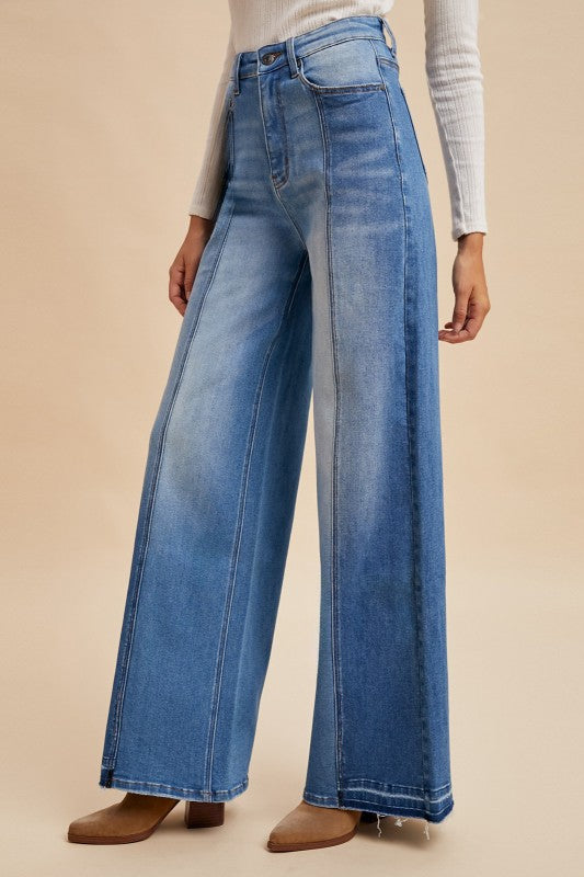 Stretch Two Tone Fray Hem High Rise Wide Leg Jean