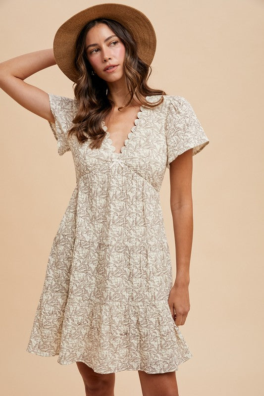 Scallop Trim Leaf Print Cotton Dress