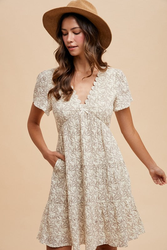 Scallop Trim Leaf Print Cotton Dress