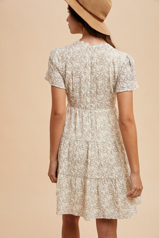 Scallop Trim Leaf Print Cotton Dress