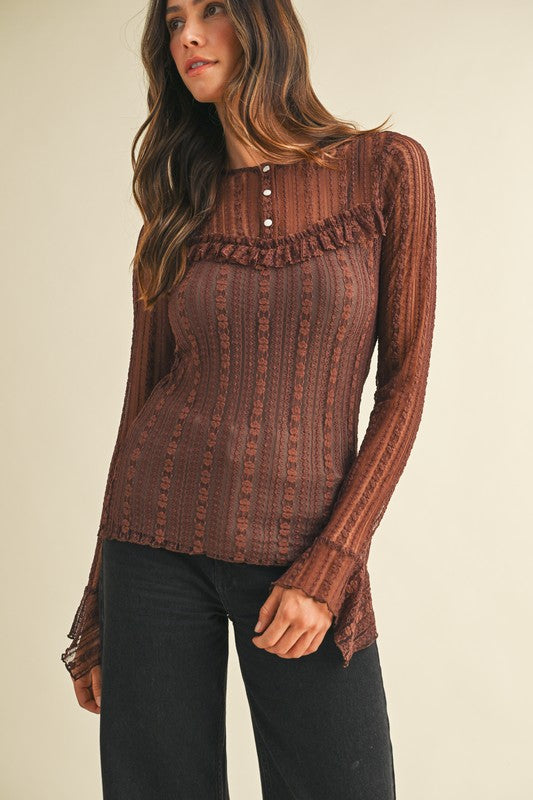 Lace Ruffle Detail Henley Neck Top
