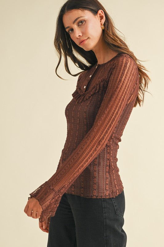 Lace Ruffle Detail Henley Neck Top