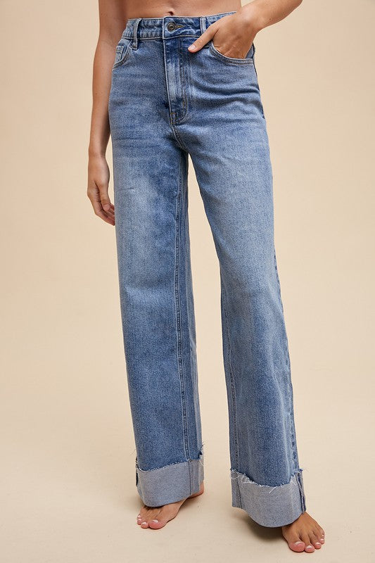 90s Stretch Cuffed Hem High Rise Straight Jeans