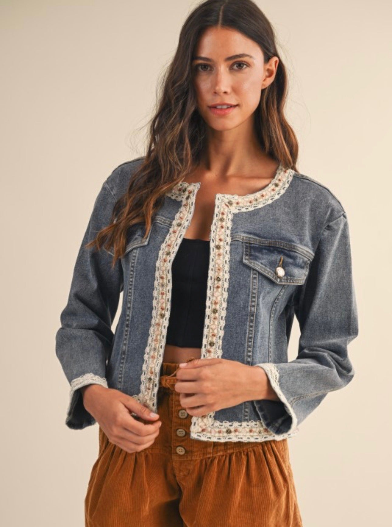 Lace & Beaded Trim Detail Open Denim Jacket