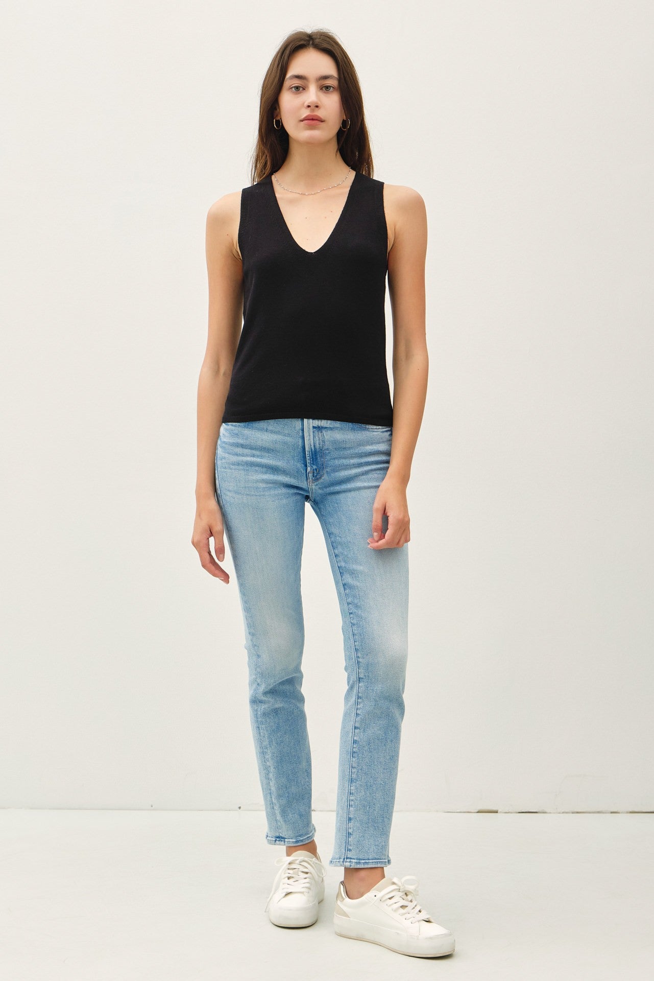 V Neck Knit Sweater Tank - BLACK