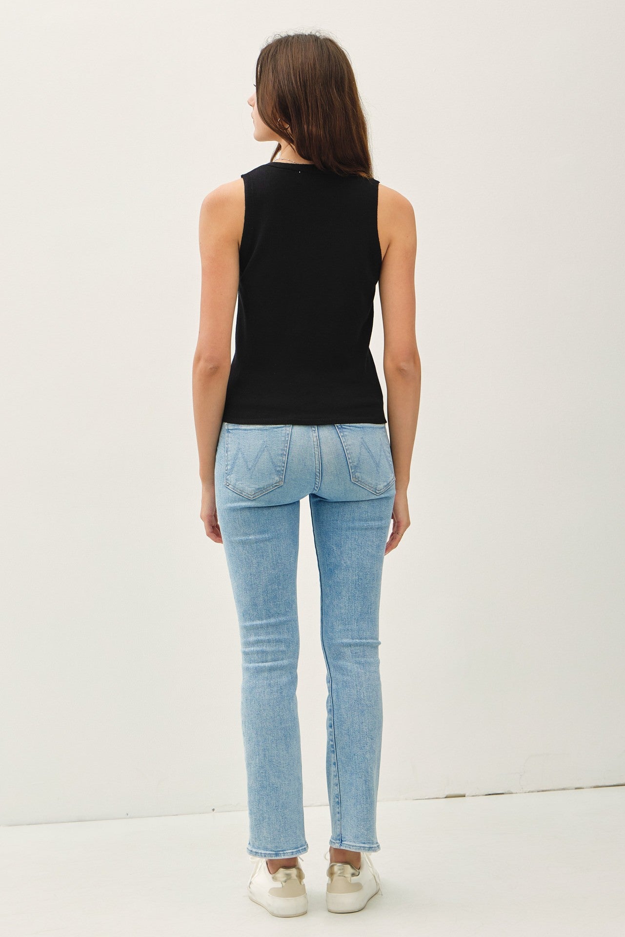 V Neck Knit Sweater Tank - BLACK