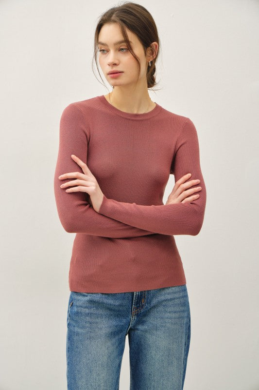 Soft Pullover Solid Rib Knit - MARSALA