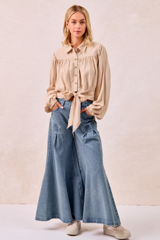 Linen Viscose Tie Detail Blouse