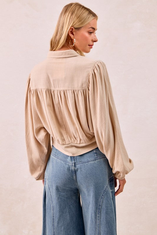 Linen Viscose Tie Detail Blouse