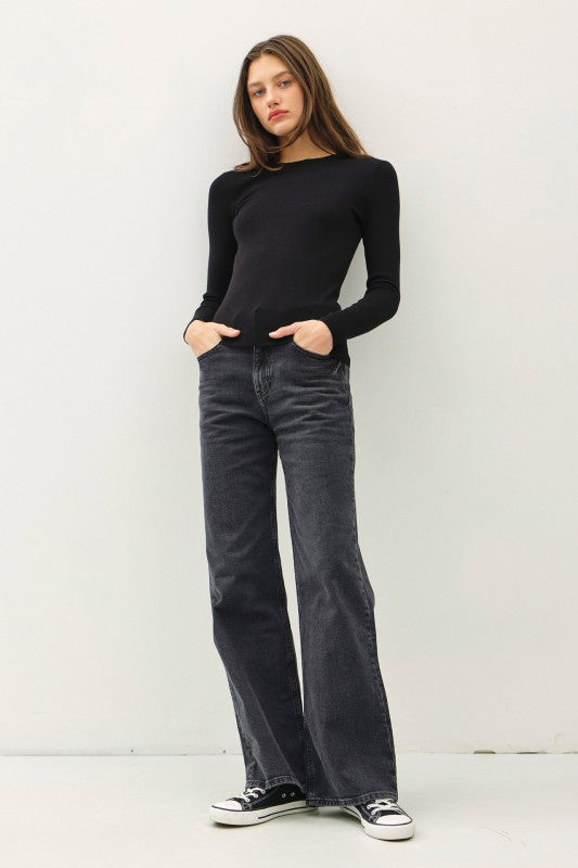 Soft Pullover Solid Rib Knit - BLACK