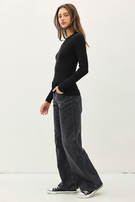 Soft Pullover Solid Rib Knit - BLACK
