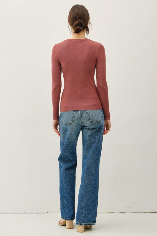 Soft Pullover Solid Rib Knit - MARSALA