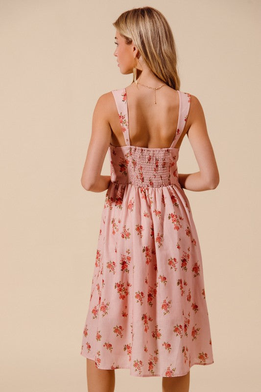 Floral Print Square Neck Smocked Back Midi Dress
