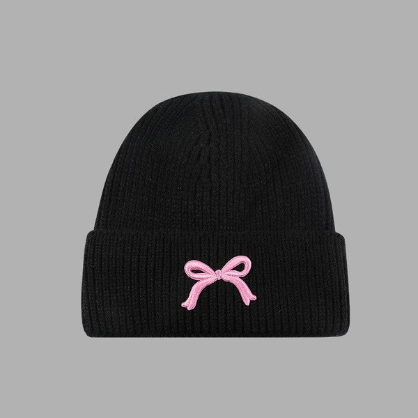 Soft Ribbed Knit Bow Accent Beanies