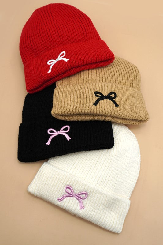 Soft Ribbed Knit Bow Accent Beanies