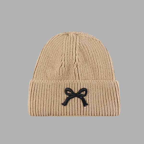 Soft Ribbed Knit Bow Accent Beanies